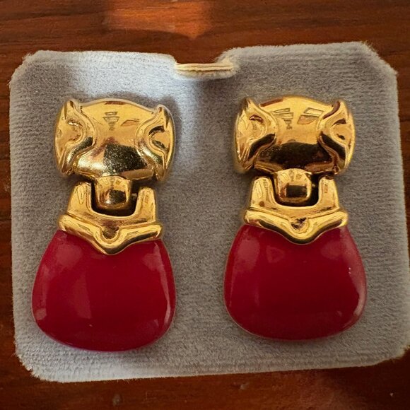Vintage Monet Gold Tone Red Enamel Earrings - Picture 3 of 7